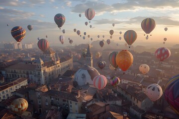 Naklejka premium Hot Air Balloons Over Cityscape