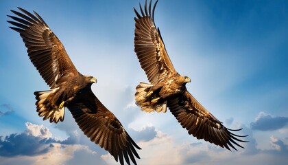Naklejka premium A couple of golden eagles soaring together in the sky.