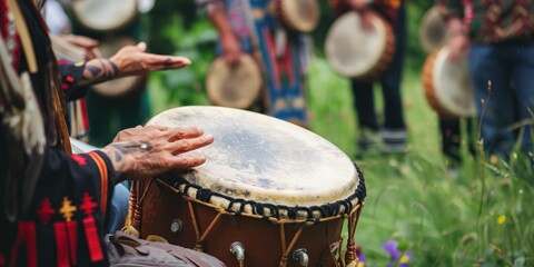 Obraz premium Closeup of a hand playing a drum in a group setting.