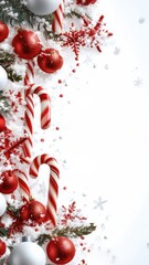 Christmas Candy Cane and Ornaments Border on Snowy Background