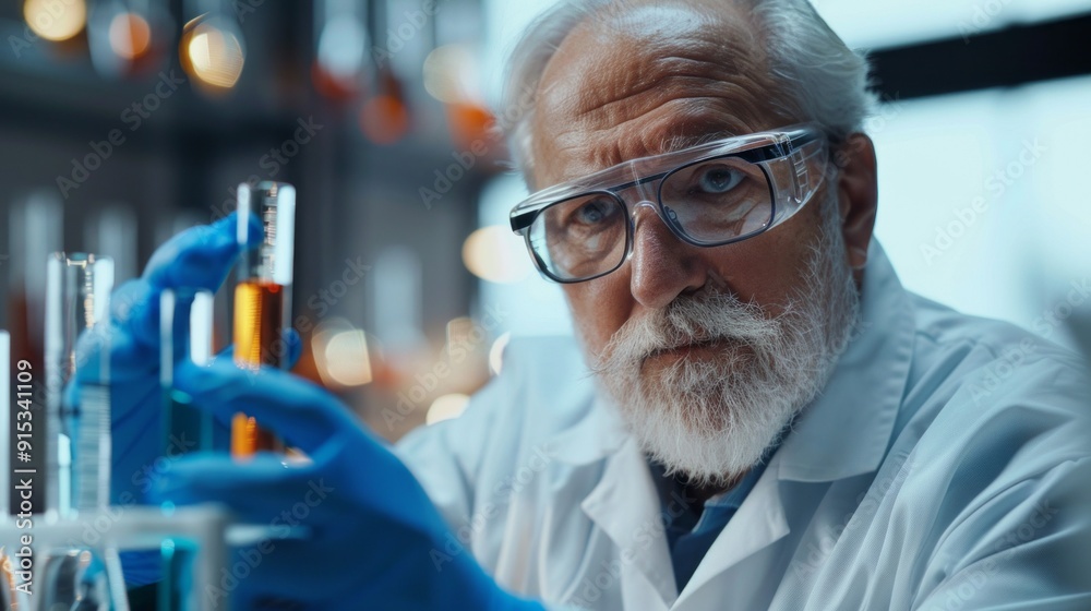 Poster a man in a lab coat holding a beaker with a yellow liquid in it