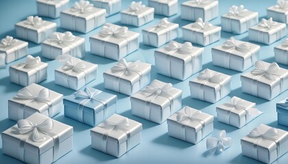 Fototapeta premium Many white gift boxes with bows on them, Christmas background