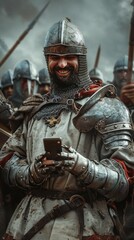 Medieval knights in armor, one smiling with a smartphone, surrounded by others also holding phones. Modern tech in historical setting creates humor and contrast.