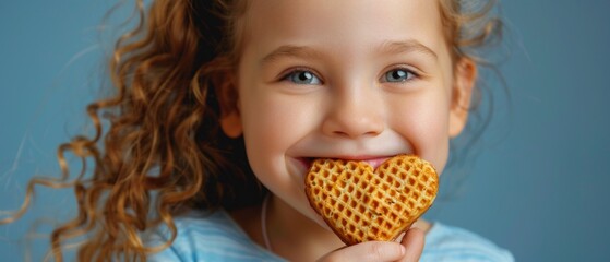 A joyful girl with curly blond hair and blue eyes eats a heart-shaped cookie, her face beaming with happiness on a blue background, reflecting innocent joy.