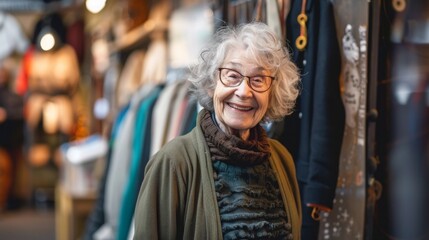 Obraz premium Elderly woman wearing silver hair and glasses smiles at the camera, dressed in olive green cardigan, brown olive scarf, and light green shirt against rack of clothing.