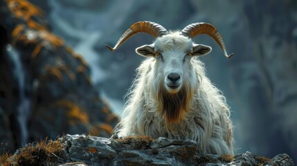 A goat stands on a rocky cliff with rams horns, in the mountains.