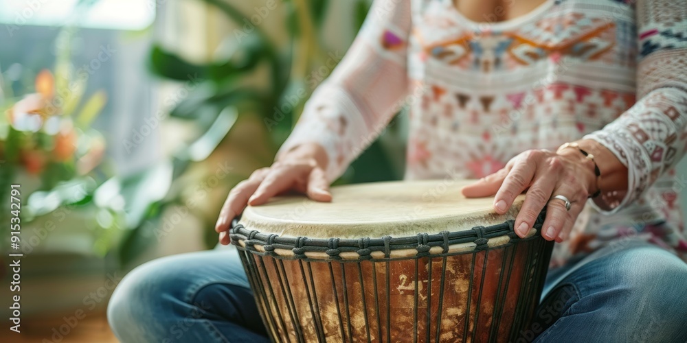 Wall mural Close-up of a woman's hand playing a djembe.