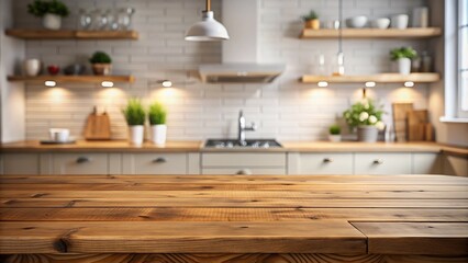 A smooth wooden tabletop resting on a blurred kitchen background. The design evokes a sense of warmth and possibility, perfect for showcasing recipes, cooking tools, or kitchenware.
