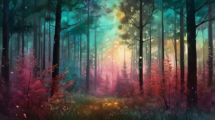 Obraz premium Vibrant, stylized digital painting of a forest. The layout features tall, slender trees with dark trunks and branches, colorful fantasy jungle