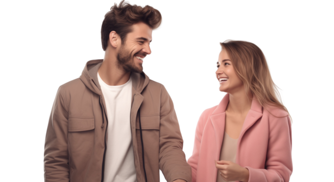 Young couple smiling and holding hands isolated on transparent background