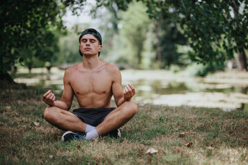 Young man practicing meditation outdoors in a peaceful natural setting, focusing on mindfulness and inner peace.