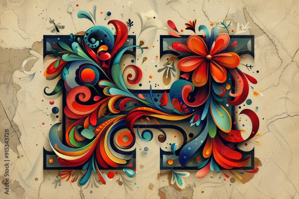 Fototapete an artistic representation of the letter h with intricate patterns and bold colors creating a visual