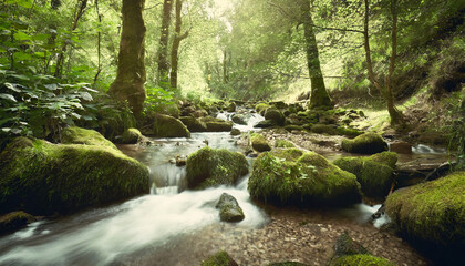 Obraz premium Green forest scene and flowing stream. Beautiful landscape. Nature beauty and outdoors exploration