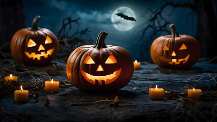 Halloween glowing smiling pumpkins candles cemeteries moon flying mice