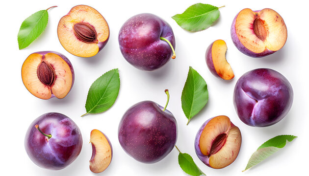 fresh purple plum and half with leaves isolated on white background with clipping path and full depth of field. Top view. Flat lay