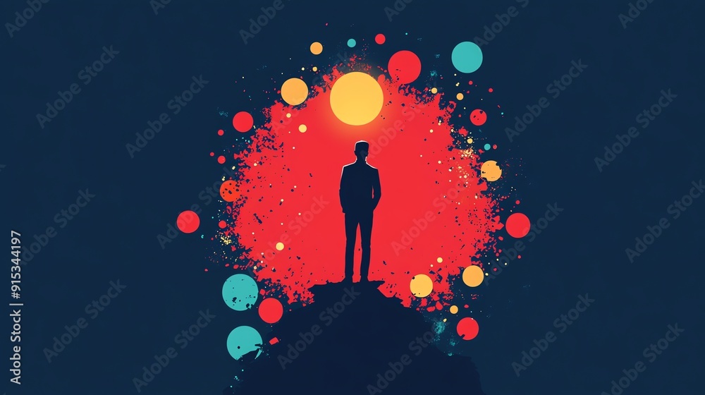 Poster silhouette of man standing on a mountain with colorful circles in the background.