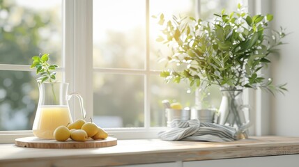 A cozy kitchen with a pitcher of pear juice and freshly baked pear tarts, creating a warm and inviting atmosphere.
