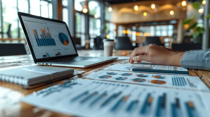 Business professional analyzes statistical reports during a meeting in a modern office cafe setting