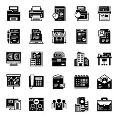 25 office icons in glyph style including document, files, teamwork, computer, presentation, archives, etc. For office and business