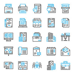 25 office icons in line color style including document, files, teamwork, computer, presentation, archives, etc. For office and business