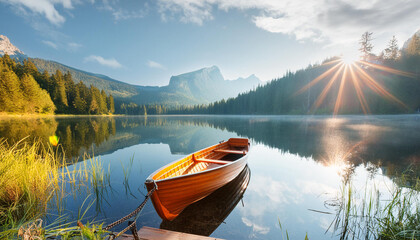 Small fishing boat anchored on the mountain calm lake during sunrise. Beautiful nature landscape.