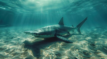 A group of sharks in the water, with a large open mouth and sharp teeth, hunting for prey