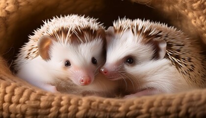 Two adorable hedgehogs snuggled together in a cozy den.