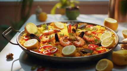 Colorful paella, garnished with lemon wedges and parsley, artistically presented 