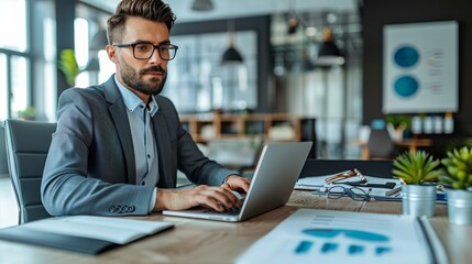 Fototapeta premium A professional man working diligently on a laptop in a modern office environment during the day