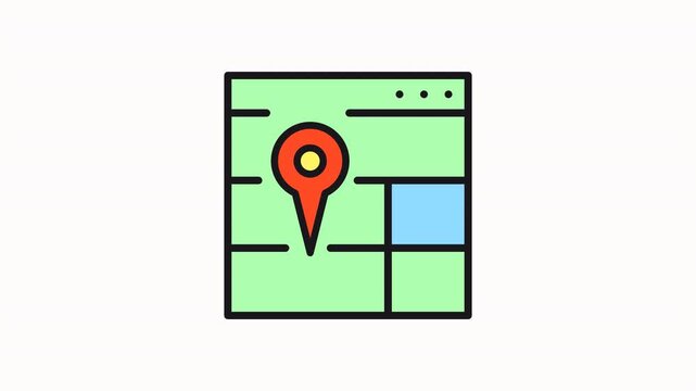 motion icon Red location pin on a green grid with blue rectangle. 
