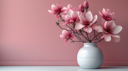 Beautiful pink magnolia flowers arranged in a white ceramic vase against a soft pink wall