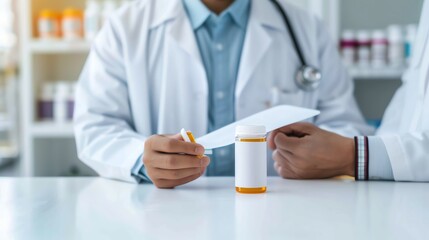 A pharmacist reviewing a script for generic syrup medication with a patient, symbolizing attentive healthcare