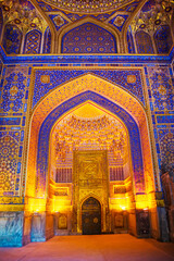 Interior of Tillya-Kari Madrasah. Details of the golden mosaic dome.