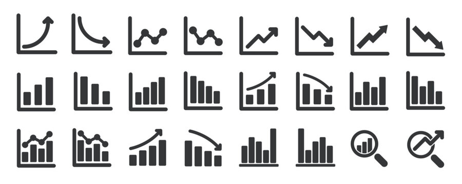 Increase and decrease glyph solid icons collection. Containing content growing, grap, proft, rate, progression. For website marketing design, logo, app, template, ui, etc. Vector illustration.