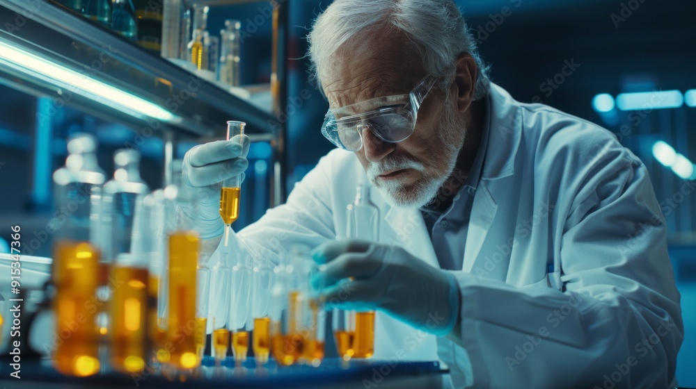 Poster a man in a lab coat is working with various chemicals
