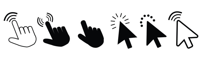 Computer mouse click pointer cursor arrow flat icon set for apps and websites. Clicking cursor, pointing hand click icon set vector illustration.