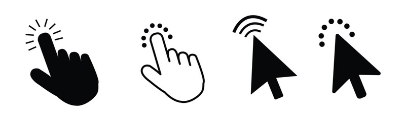 Computer mouse click pointer cursor arrow flat icon set for apps and websites. Clicking cursor, pointing hand click icon set vector illustration.