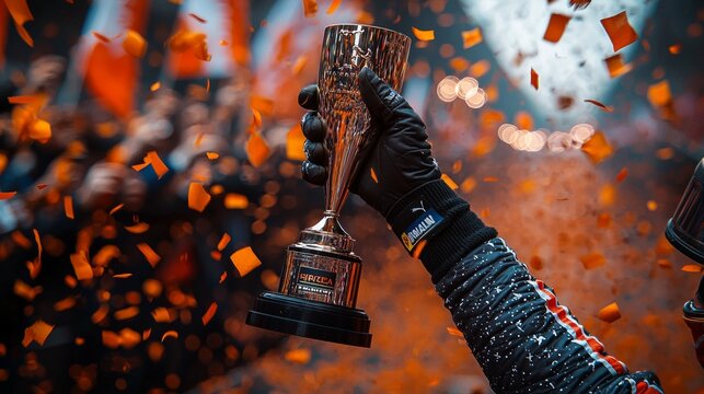 Victorious moment with a racing driver holding the trophy on the podium. The scene features orange confetti falling around and the driver's hands proudly lifting the cup.