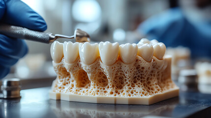 Close-up of dental model showcasing teeth structure and detail, used for educational and clinical purposes in dentistry.