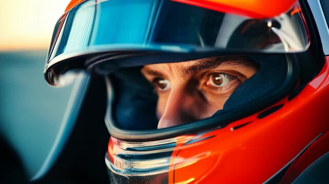 Extreme close-up portrait of a race car driver in helmet
