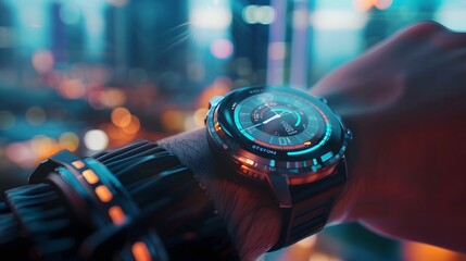 Smartwatch on a Wrist Against a City Lights Background
