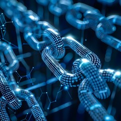 An abstract visualization of a blockchain network with connected blue nodes and links, representing digital encryption and cryptocurrency technology.