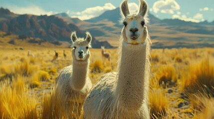 Fototapeta premium Two llamas standing in a desert landscape, one looking to its left and the other straight ahead.