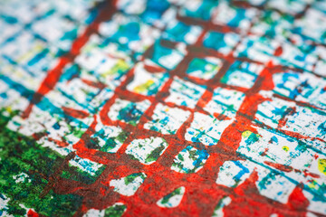 Extreme close up of colorful acrylic paint texture showing brush strokes. Selective focus.