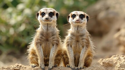 Two meerkat faces appear to be smiling as they sit next to each other in a dusty area,