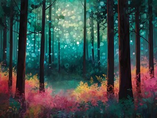 Fototapeta premium Vibrant, stylized digital painting of a forest. The layout features tall, slender trees with dark trunks and branches, colorful fantasy jungle