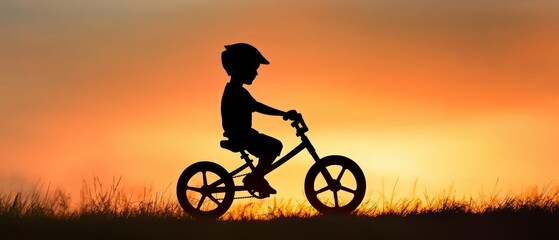 Obraz premium A silhouette of a child riding a bicycle against a vibrant sunset, capturing the joy of childhood and outdoor adventures.