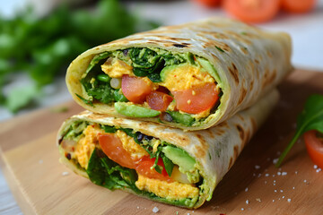 Tortilla wrap with fried chicken meat and vegetables. Shawarma fast food
