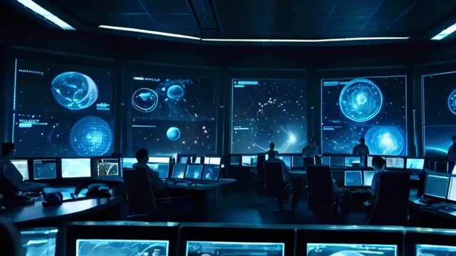 A dimly lit control room with several people working at their computer stations. Blue screens display satellite imagery, data, and maps.