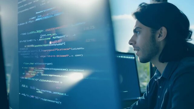 Programmer writes code on a computer in a dark office
